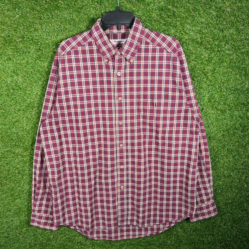 Wrangler Rugged Wear Mens Large Plaid Button Down Shirt Burgundy Cotton Blend‎